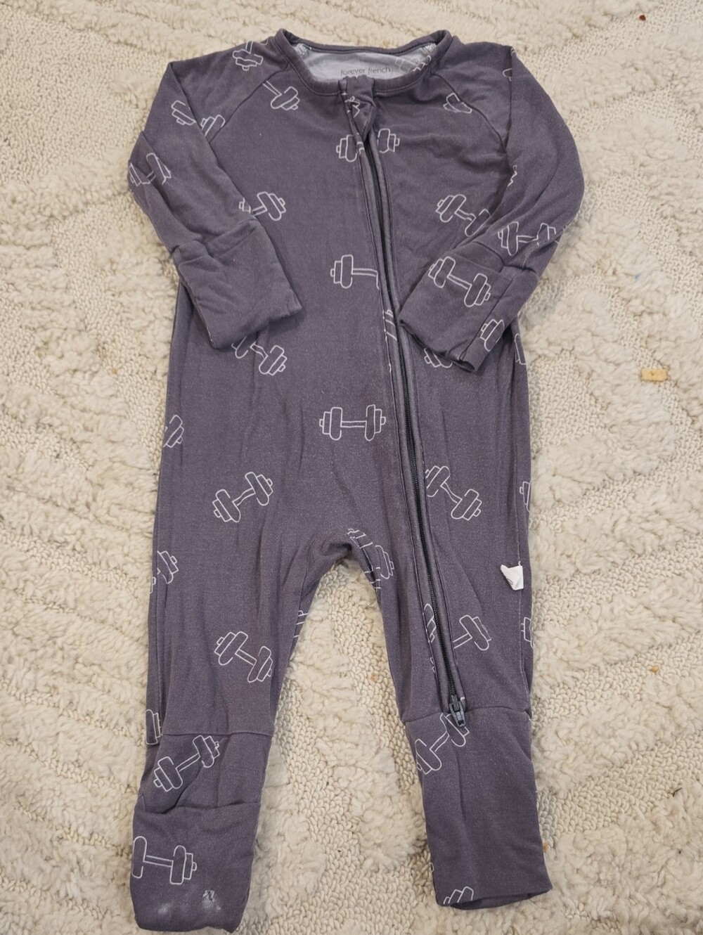 Toddler Charcoal Footed One-Piece Zipper Pajamas with Dumbbell Print